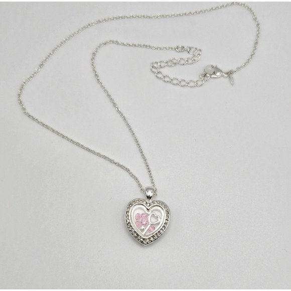 Heart Necklace Silvertone Keepsake Pendant Pink White Rhinestone Dainty Twee NEW - Picture 9 of 12